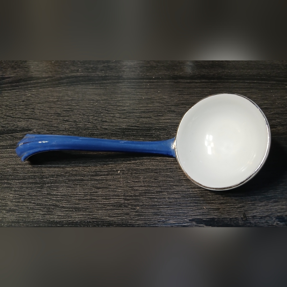 Vintage White Blue Porcelain Ceramic 9" Ladle with Silver Trim